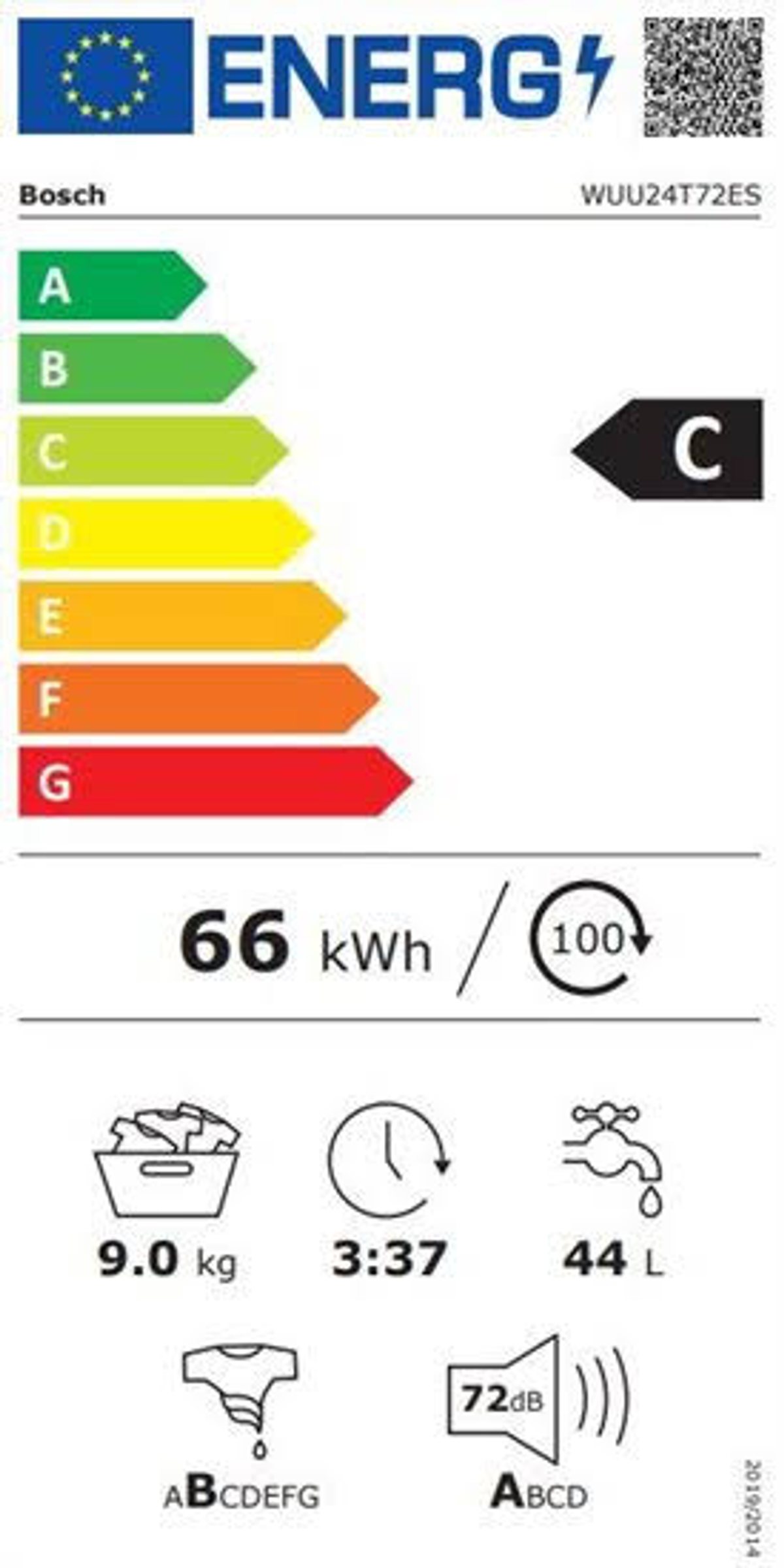 Etiqueta energética de lavadora Bosch, que muestra información sobre eficiencia energética.