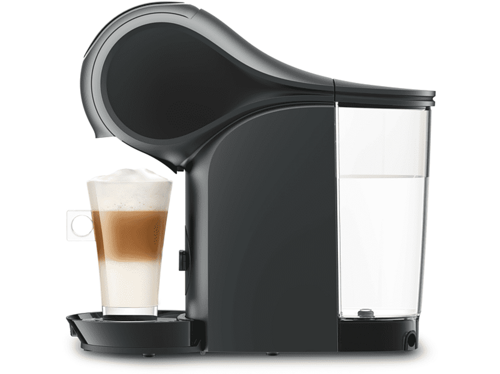 Czarny ekspres do kawy ze szklanką latte na tacy, białym zbiornikiem na wodę.