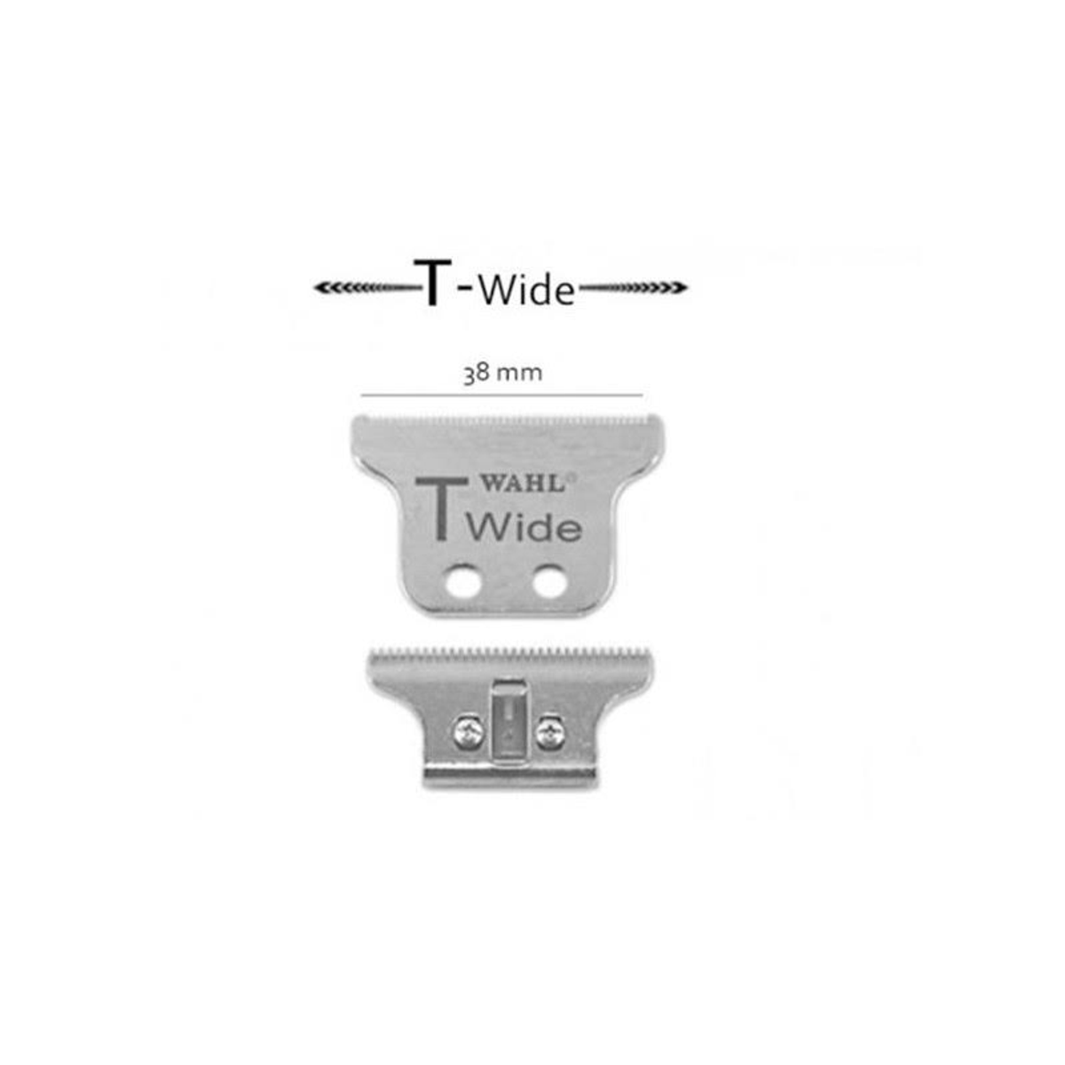 Due lame per trimmer Wahl Wide argentate, con testo, su sfondo bianco.