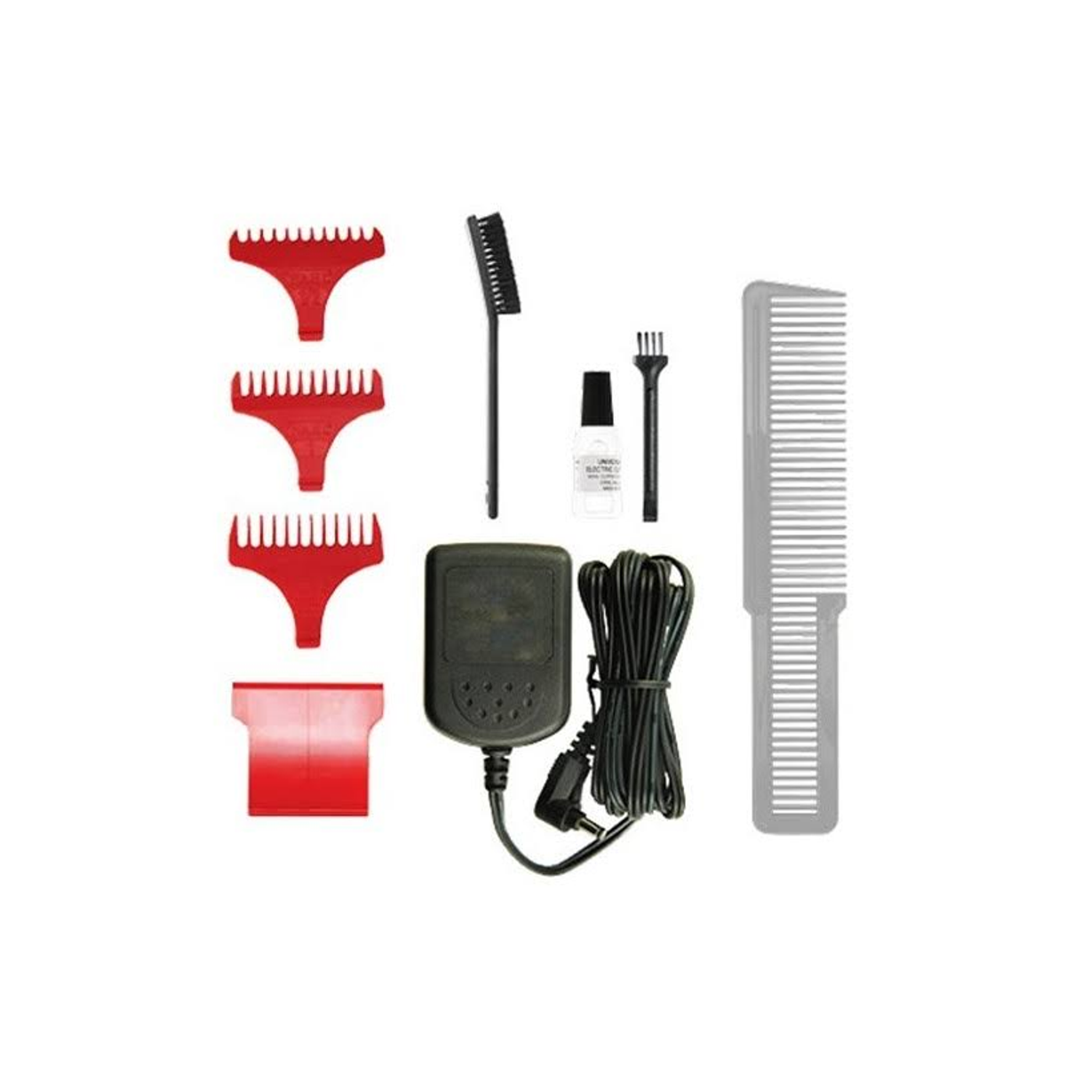 Kit accessori per tagliacapelli. Include protezioni rosse, una spazzola, olio e un pettine.