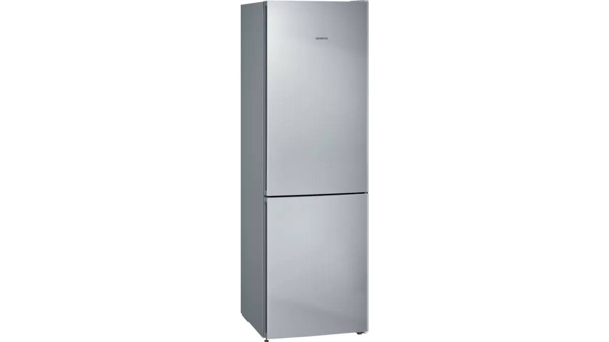Refrigerador plateado con dos puertas cerradas. Tiene un asa y el logotipo de Siemens.