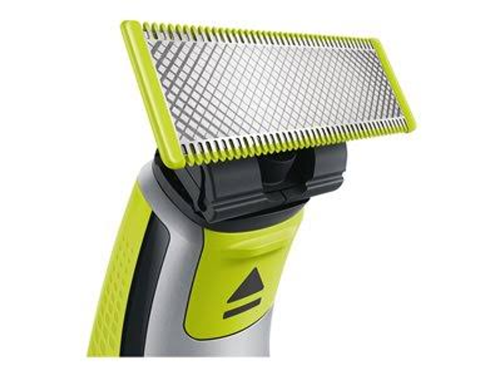 Un rasoio elettrico verde e argento con un primo piano della testina, lame visibili.