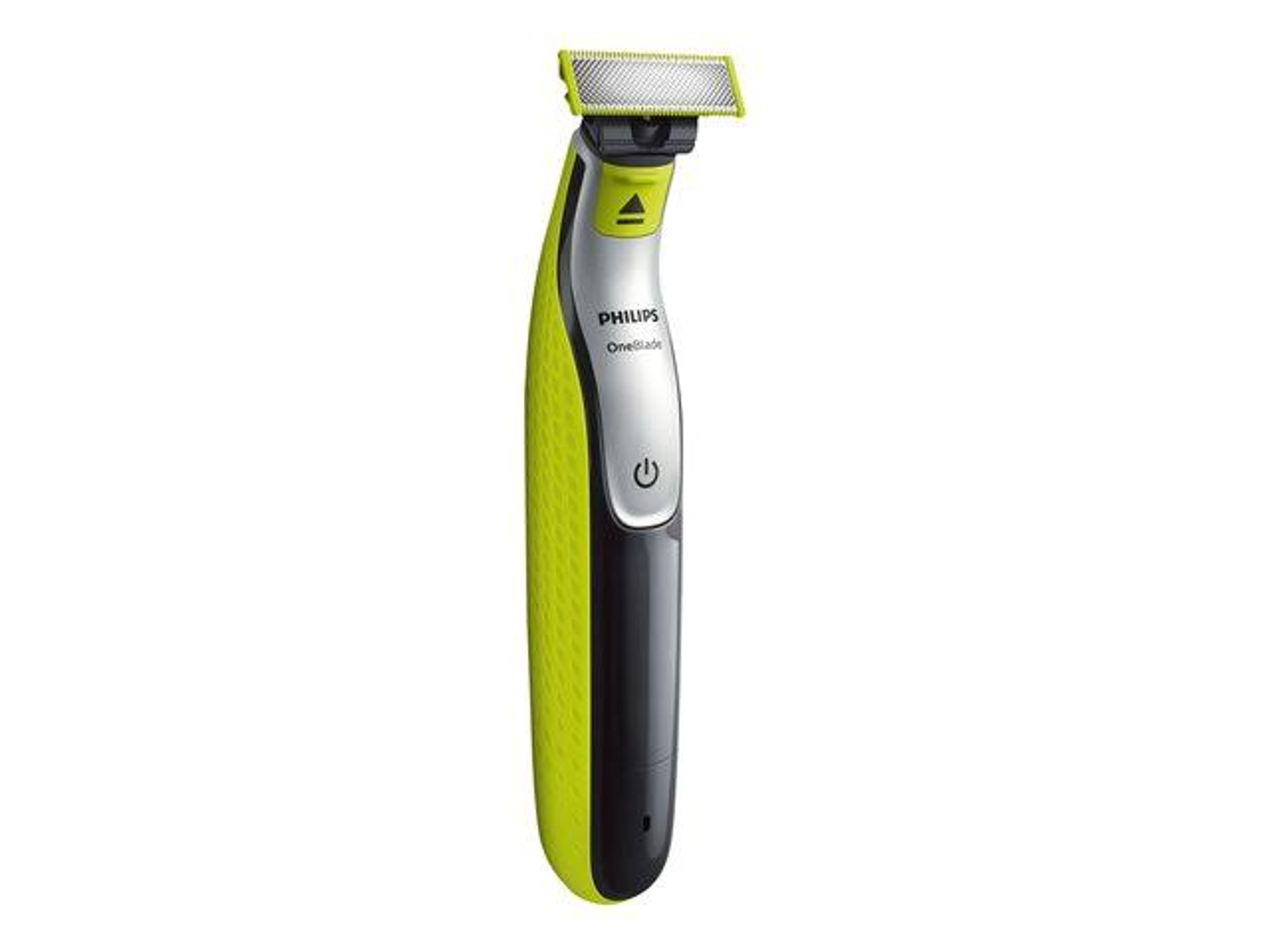 Un rasoio elettrico Philips OneBlade verde e argento, su sfondo bianco.