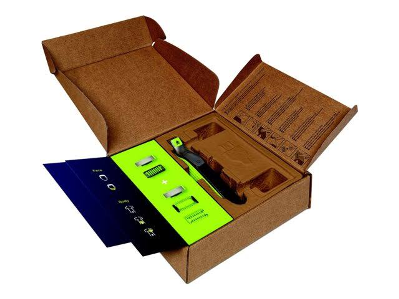 Scatola con un kit da barba all'interno. Contiene rasoio, caricatore e accessori per la cura della persona.
