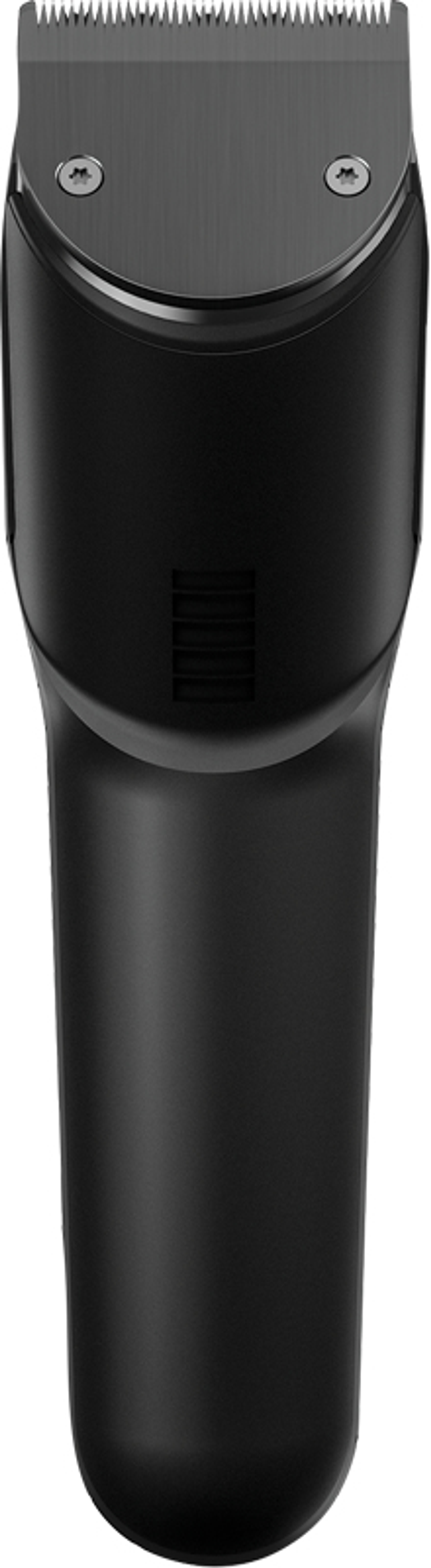 Czarny trymer do brody. Trymer ma ostrze na górze i uchwyt na dole.