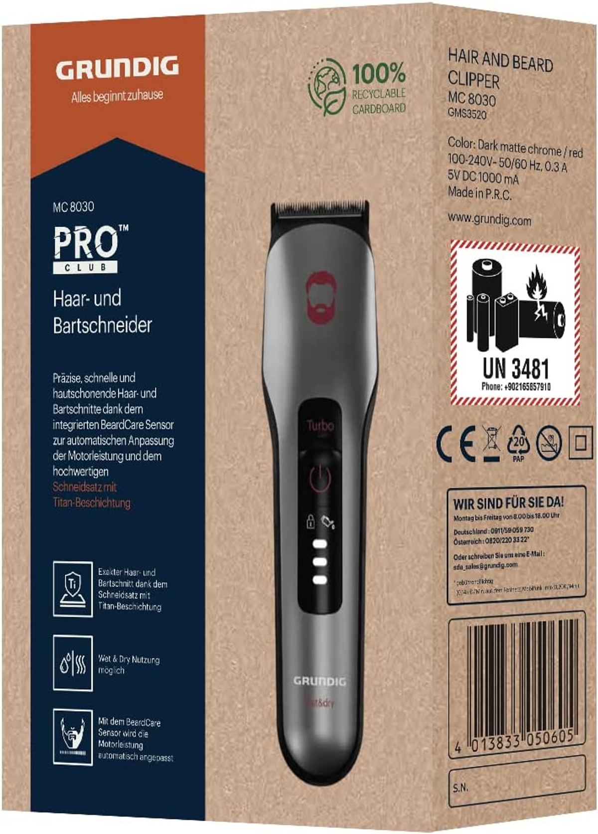 Pudełko trymera do włosów i brody, ze szczegółami produktu i zdjęciem trymera.