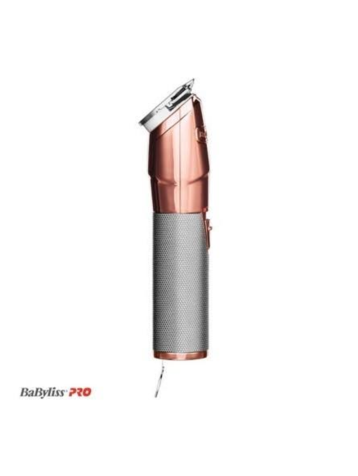 Ein roségoldener und silberner Haarschneider. Er hat einen metallischen roségoldenen Körper und einen silbernen Griff. Das Logo ist sichtbar.