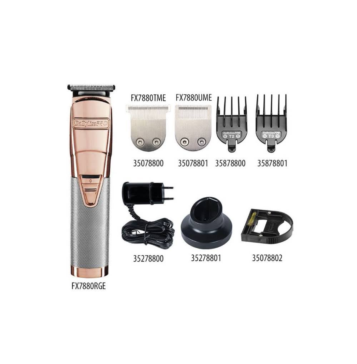 Roségoldener BaBylissPRO Haarschneider, Aufsätze und Ladegerät. Weißer Hintergrund.