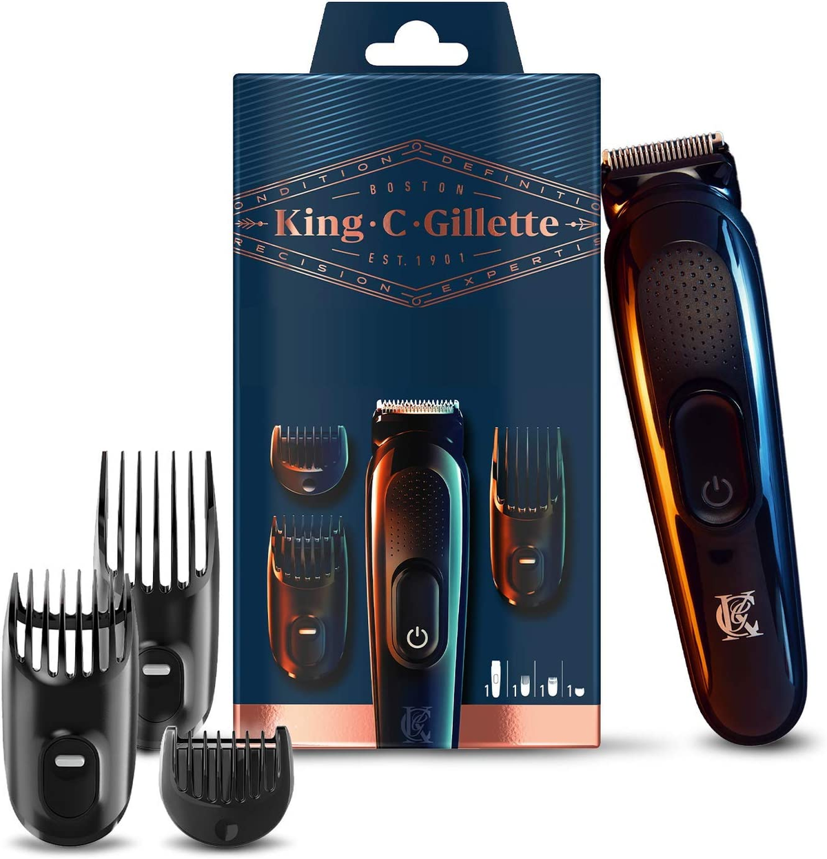 Schwarzer und blauer Bartschneider, mit mehreren Trimmerköpfen und Box. Auf der Box steht King C. Gillette.