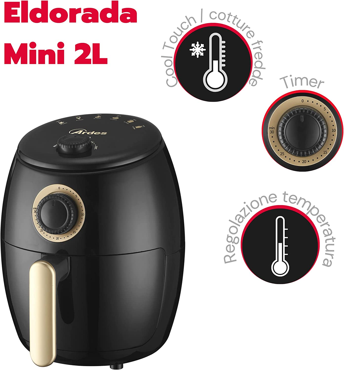 Zwarte heteluchtfriteuse met gouden accenten, met het label 'Eldorada Mini 2L' en bedieningspictogrammen.