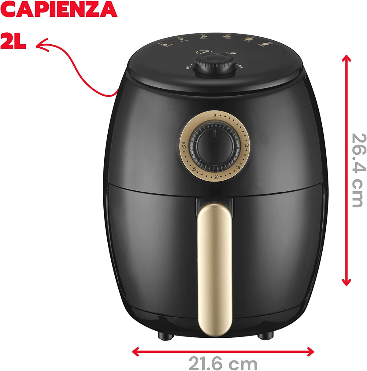 Zwarte airfryer met gouden handvat, afmetingen gemarkeerd. Bedieningspaneel bovenop.