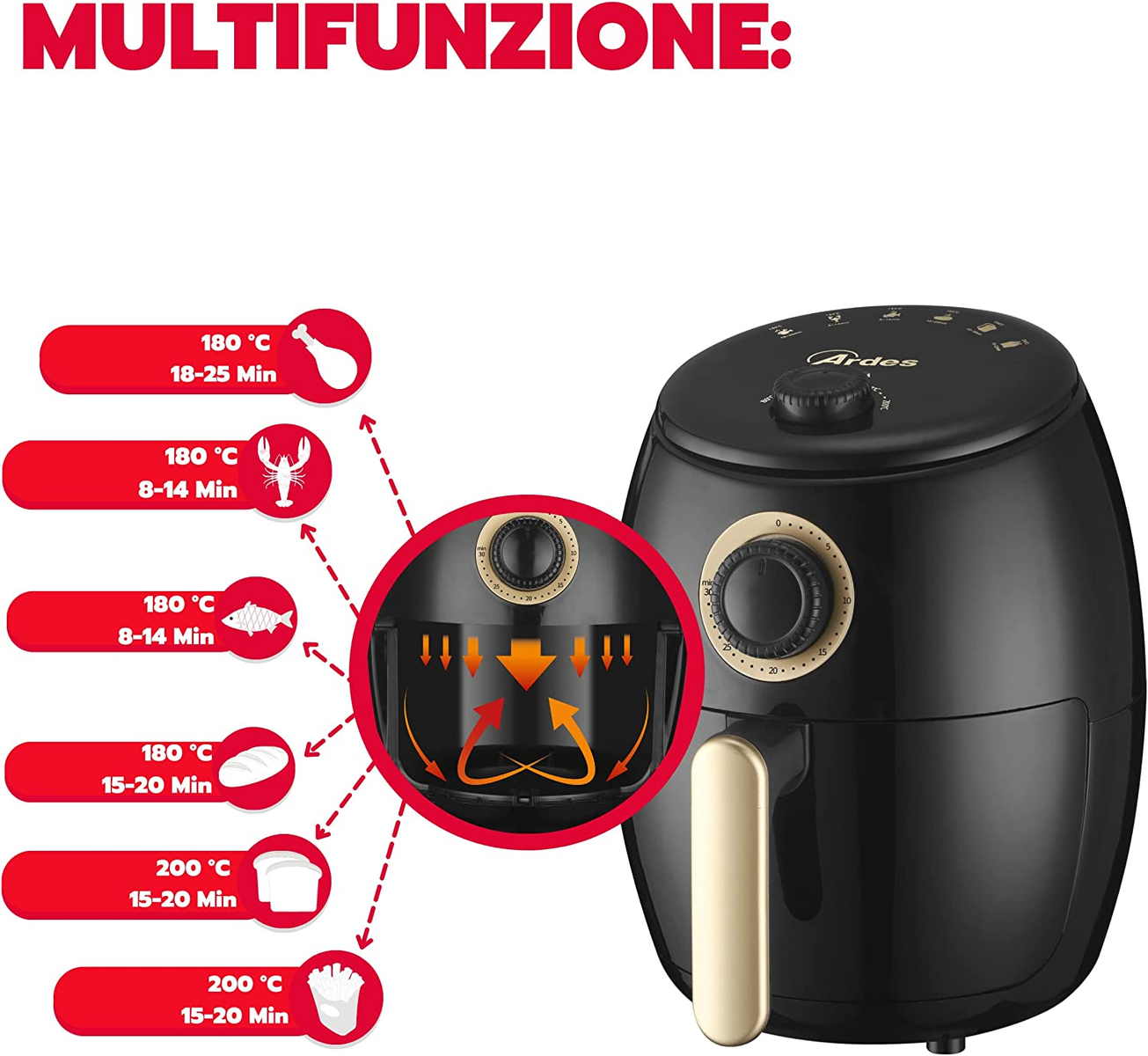 Zwarte airfryer met kookinstellingen. Toont kooktijden en temperaturen voor verschillende gerechten.