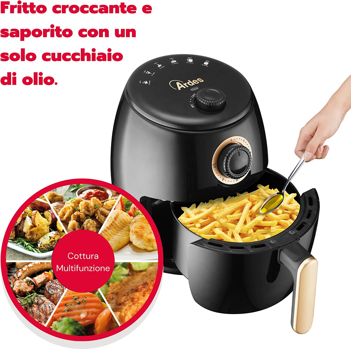 Zwarte airfryer met friet in de mand en een lepel met olie. Verschillende voedselafbeeldingen aan de zijkant.