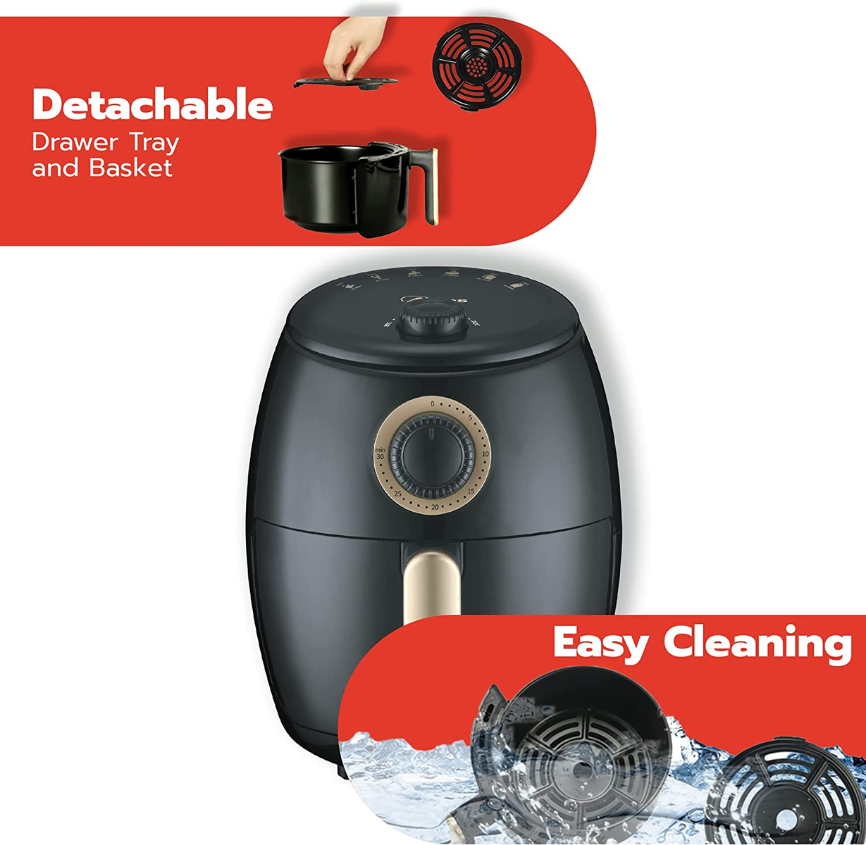 Zwarte airfryer met uitneembare lade en mand, gouden accenten en tekst over reiniging.