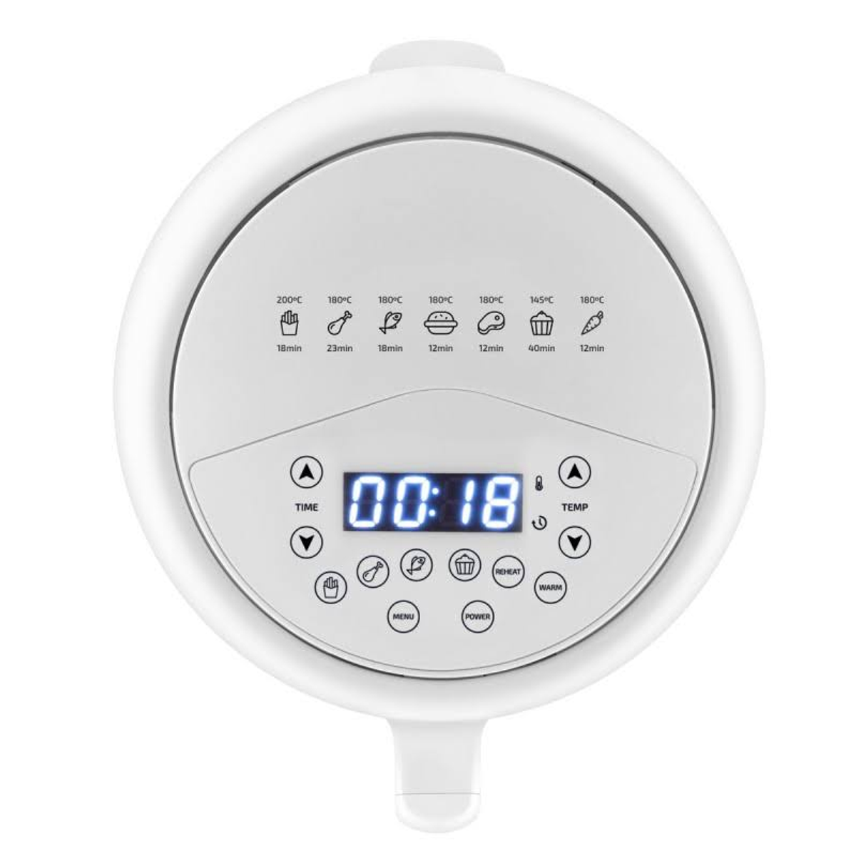 Friggitrice ad aria bianca con schermo digitale che mostra ora e temperatura. Pulsanti sotto.