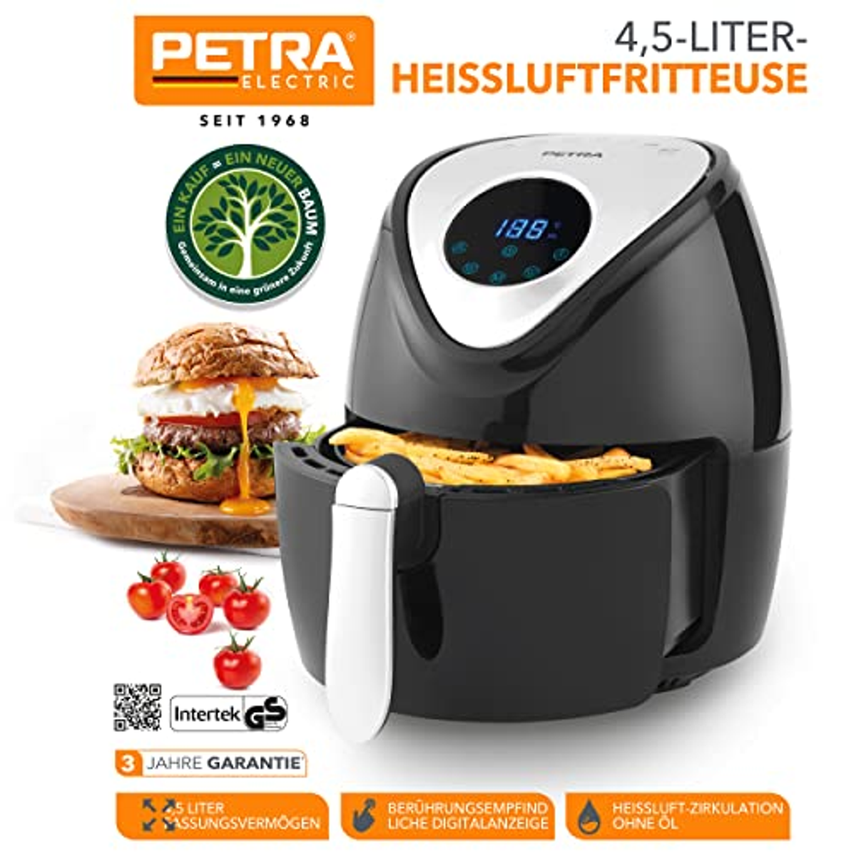 Friggitrice ad aria con hamburger e patatine fritte. La friggitrice ad aria ha il testo: 4,5 litri e un display digitale.