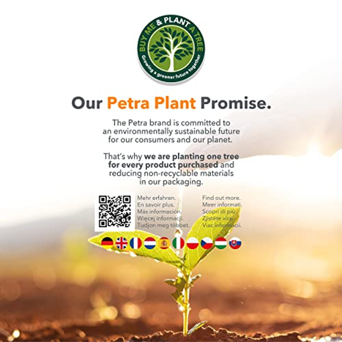 Pianta che cresce nel terreno. Testo: "Buy Me & Plant a Tree". Loghi di lingue diverse.