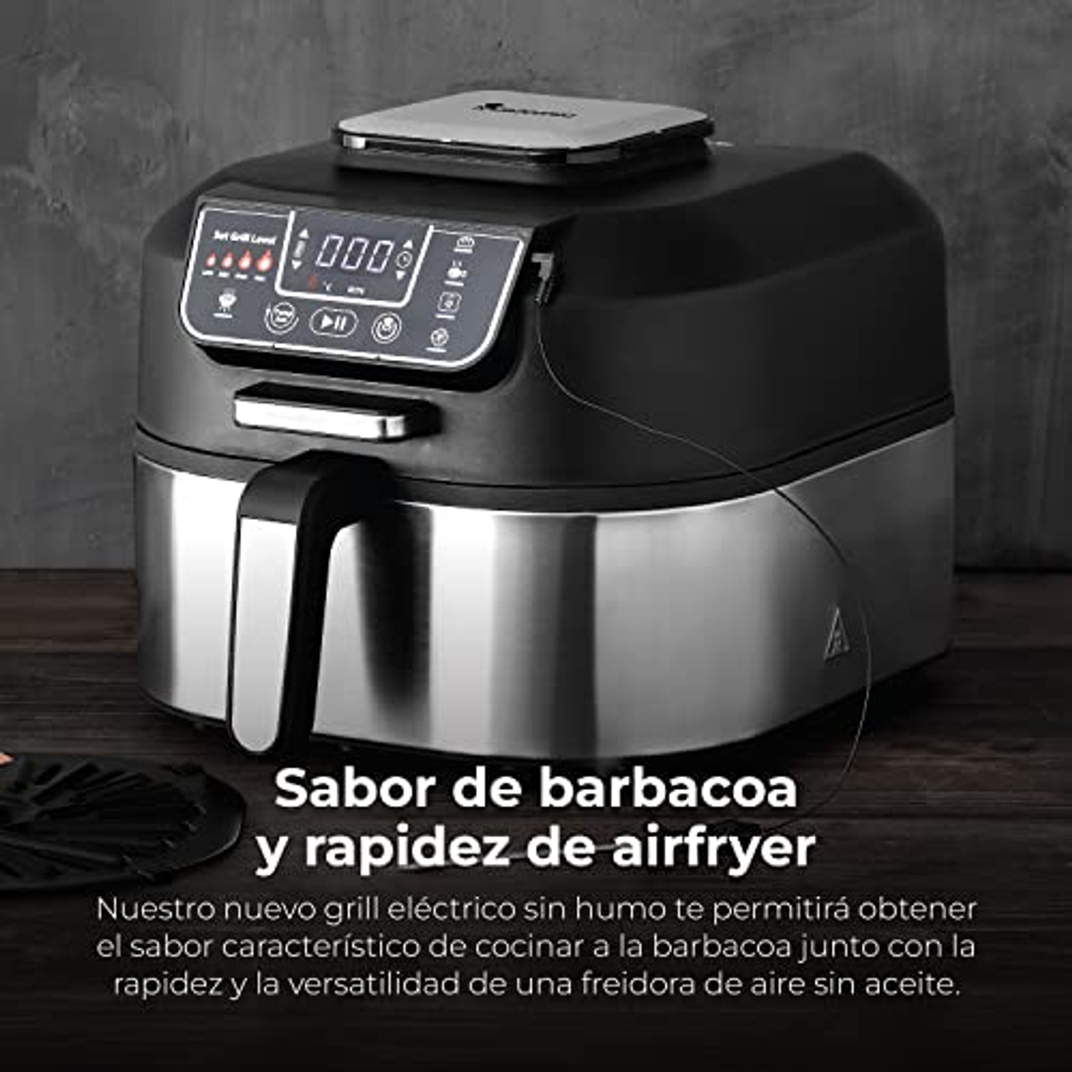 Siyah ve gümüş hava fritözü, metin ile: Sabro de barbacoa y rapidez de airfryer.