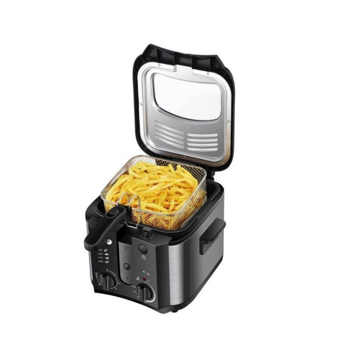 Freidora negra con patatas fritas, tapa abierta, panel de control.