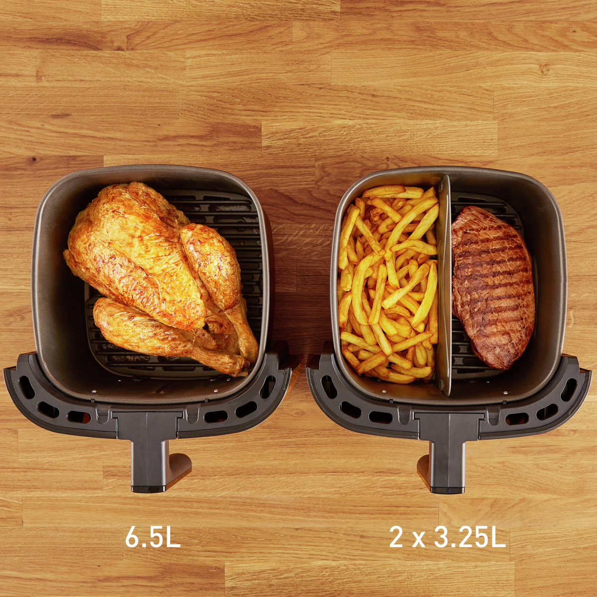 Friggitrice ad aria con pollo cotto, patatine fritte e bistecca. Divisa in tre sezioni.