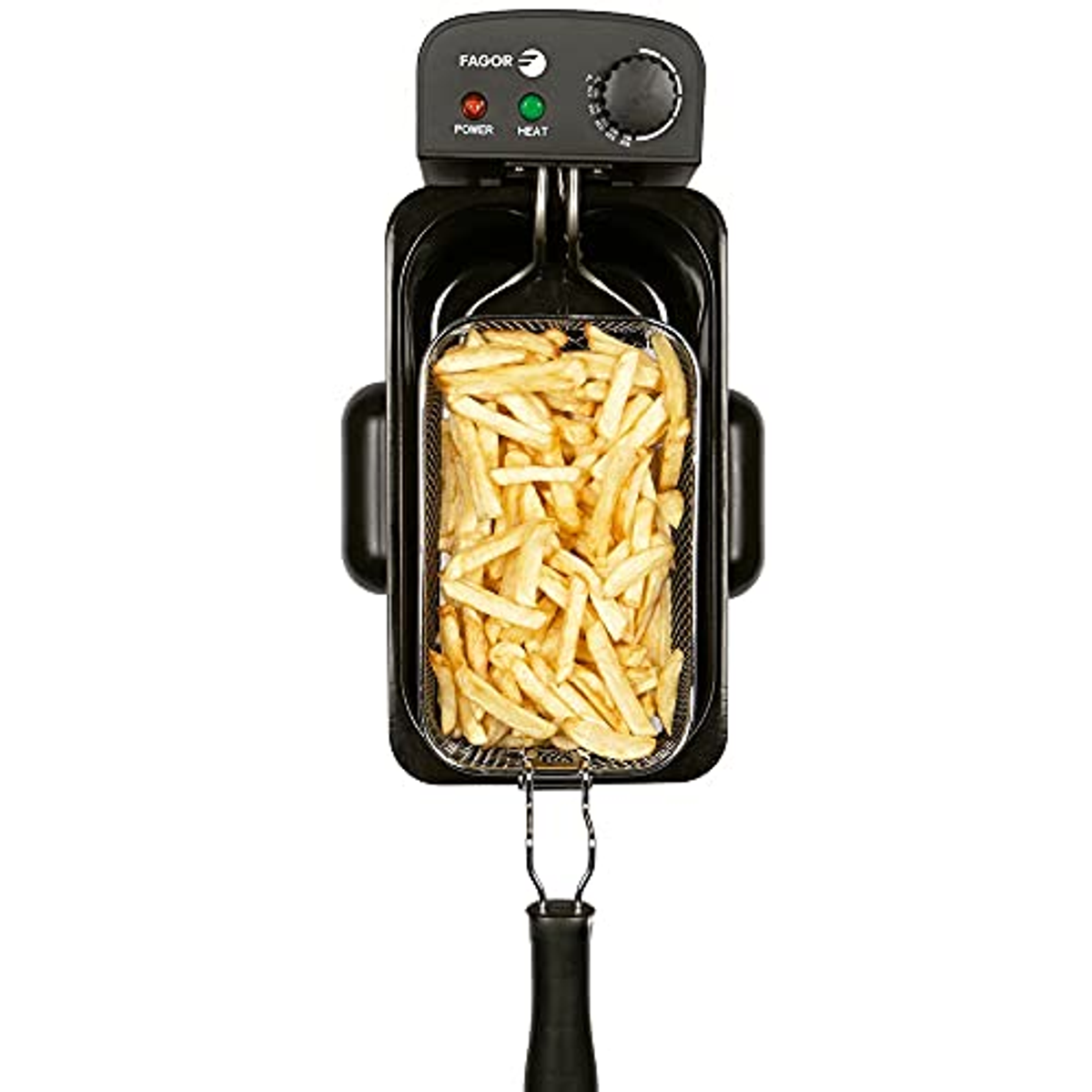 Una freidora con papas fritas en una canasta. La freidora es negra. Las papas fritas son doradas.