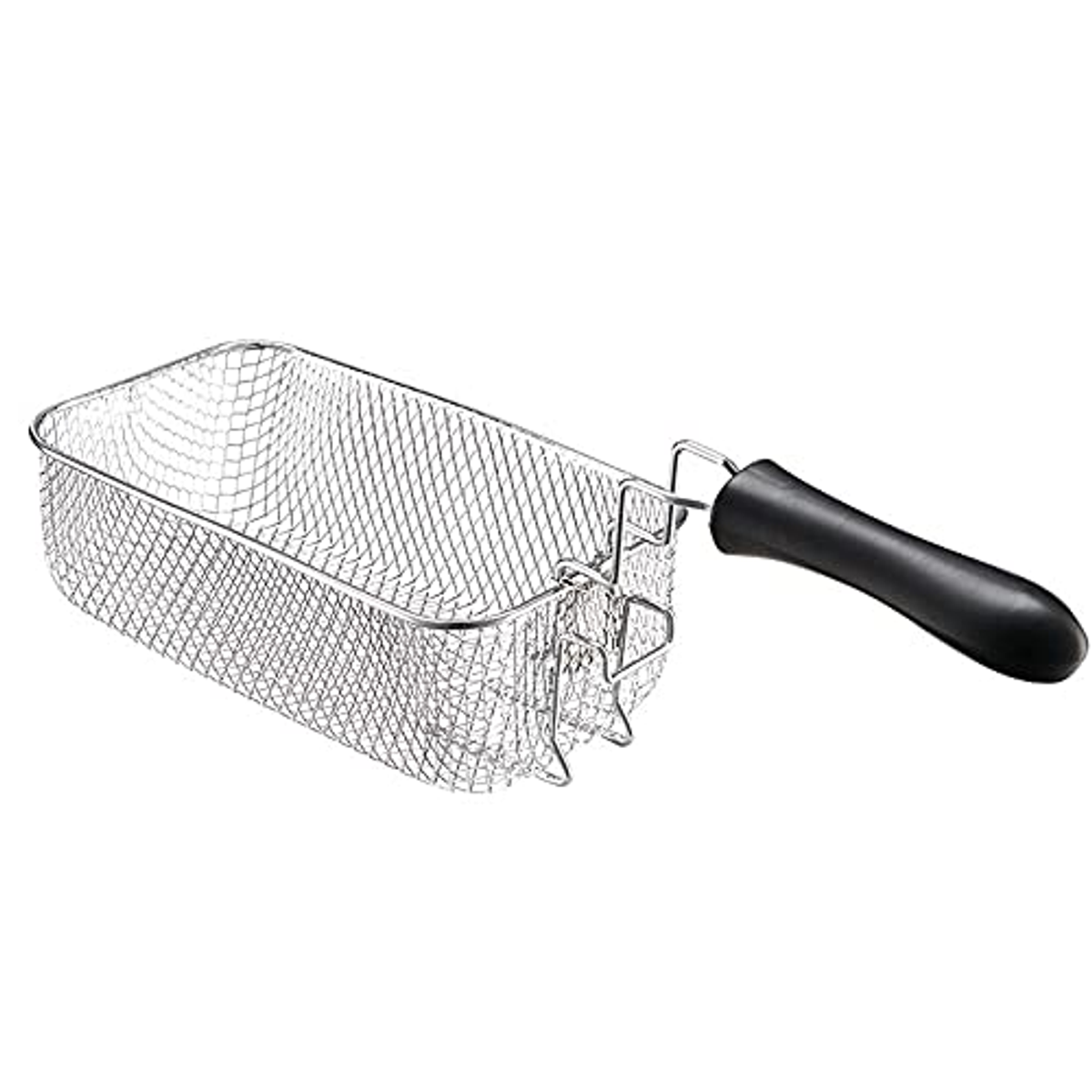 Una cesta metálica rectangular con un asa negra.