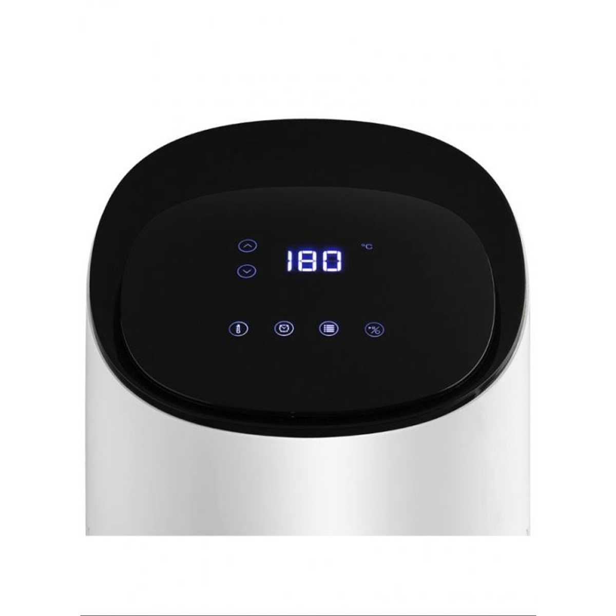 Freidora de aire en blanco y negro con pantalla digital que muestra 180 grados.