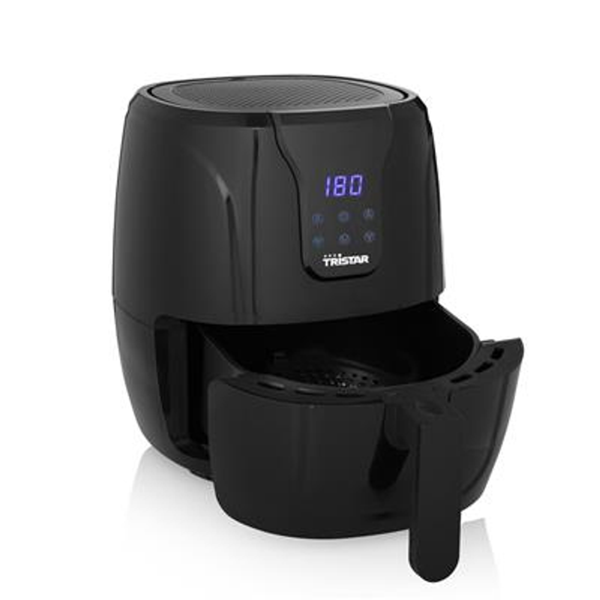 Una freidora de aire negra con cajón, una pantalla digital muestra la temperatura en grados.