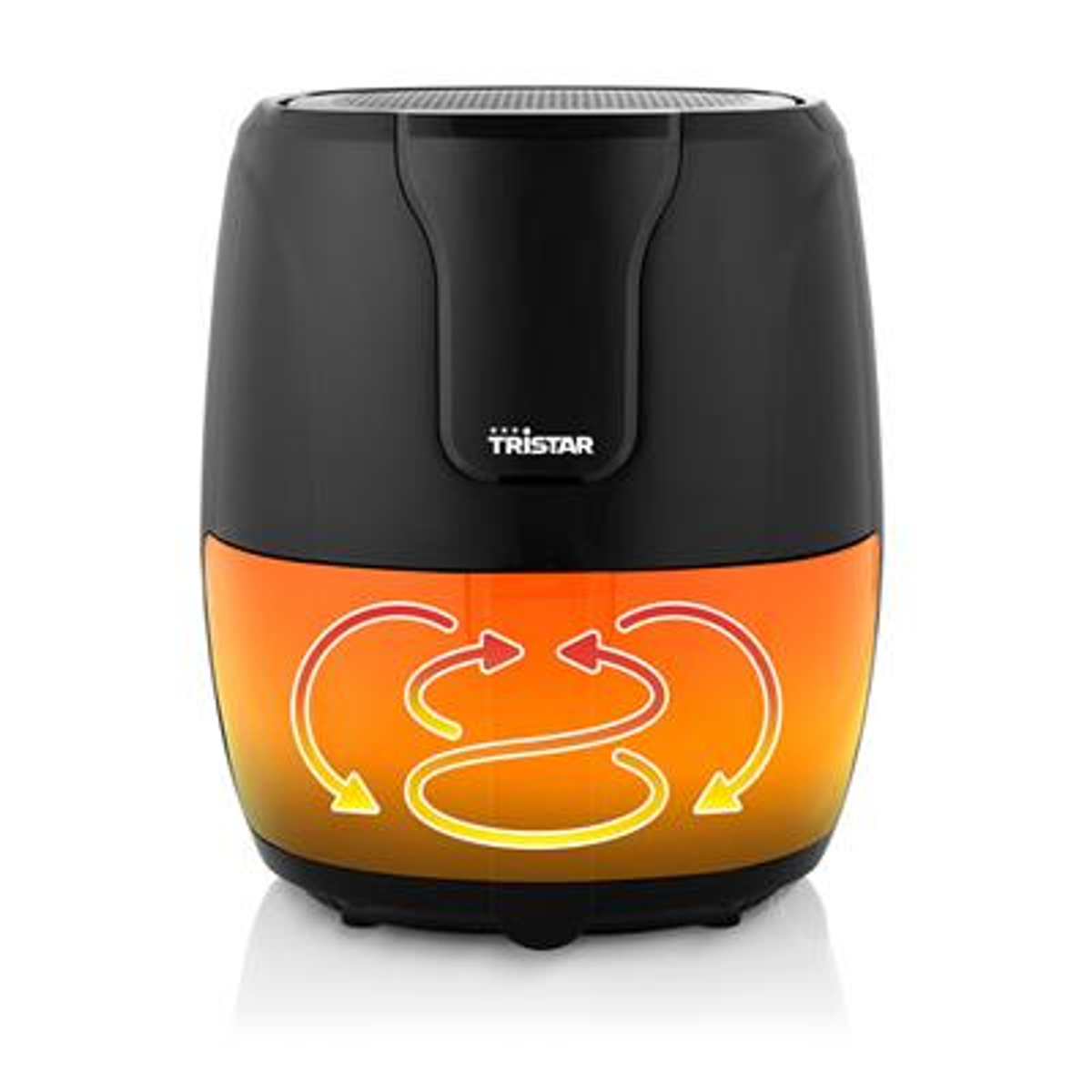 Freidora de aire negra con diseño de elemento calefactor amarillo y naranja. Fondo blanco.
