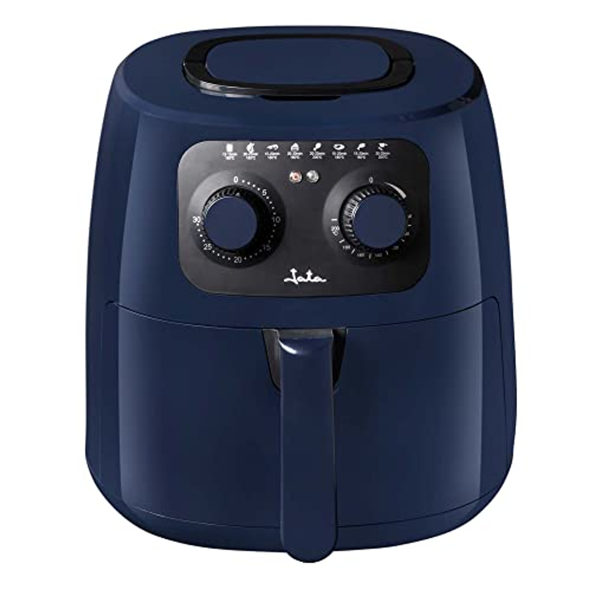 Friggitrice ad aria blu scuro con due manopole e maniglia, quadranti per tempo e temp.