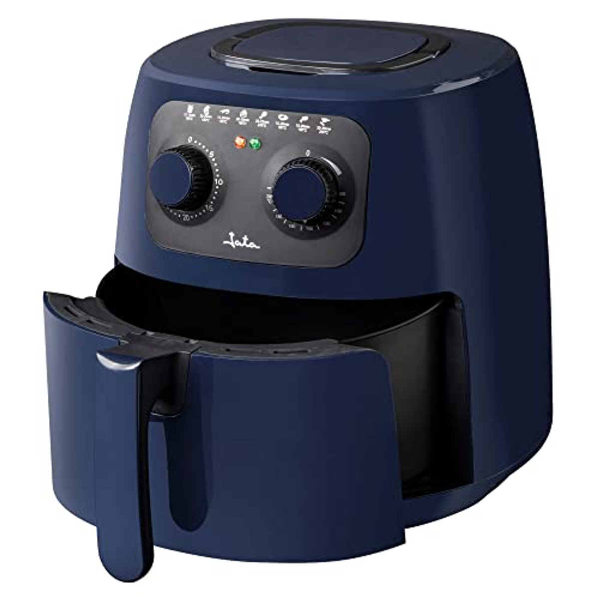 Friggitrice ad aria blu con due manopole e un cassetto estraibile. La parte anteriore è aperta.