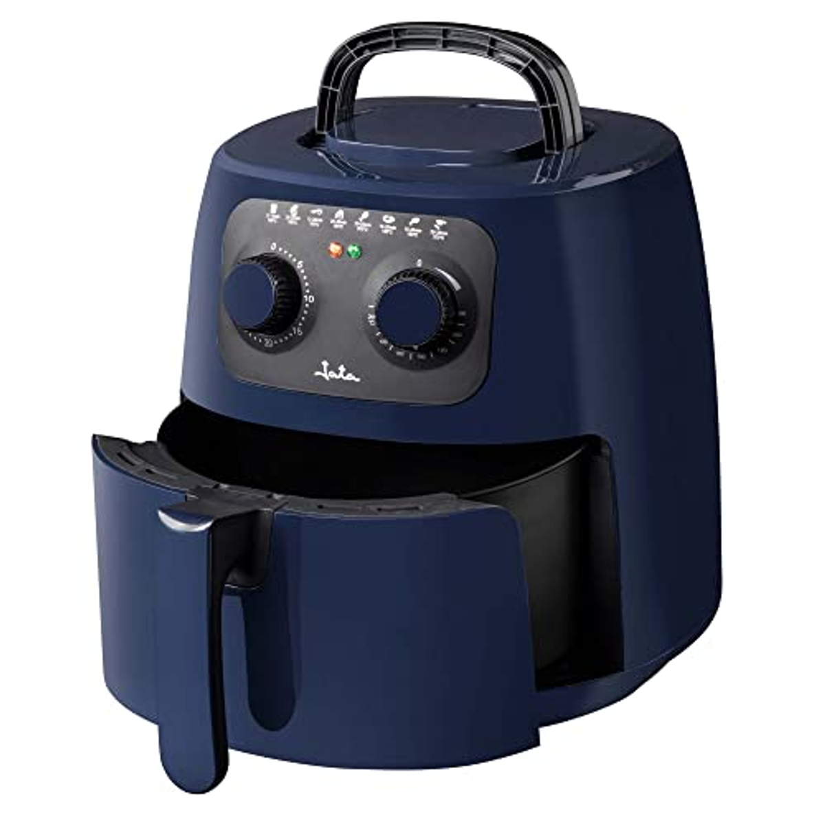 Una friggitrice ad aria blu con maniglia, quadranti e cassetto estraibile.