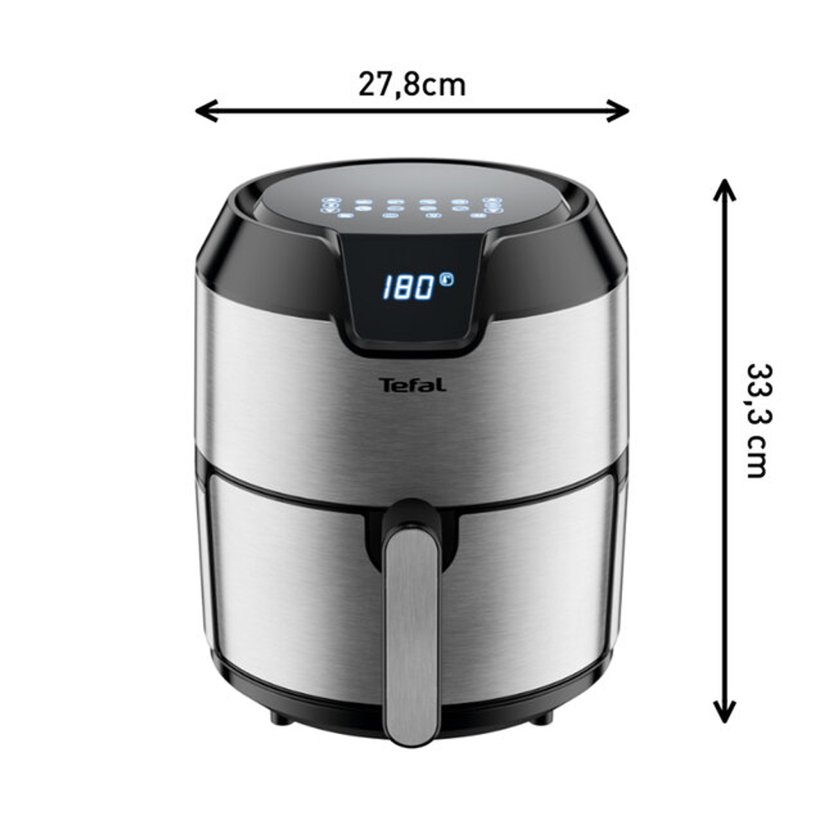 Frytownica beztłuszczowa o wymiarach: 27,8 cm szerokości i 33,3 cm wysokości. Jest srebrna i czarna.