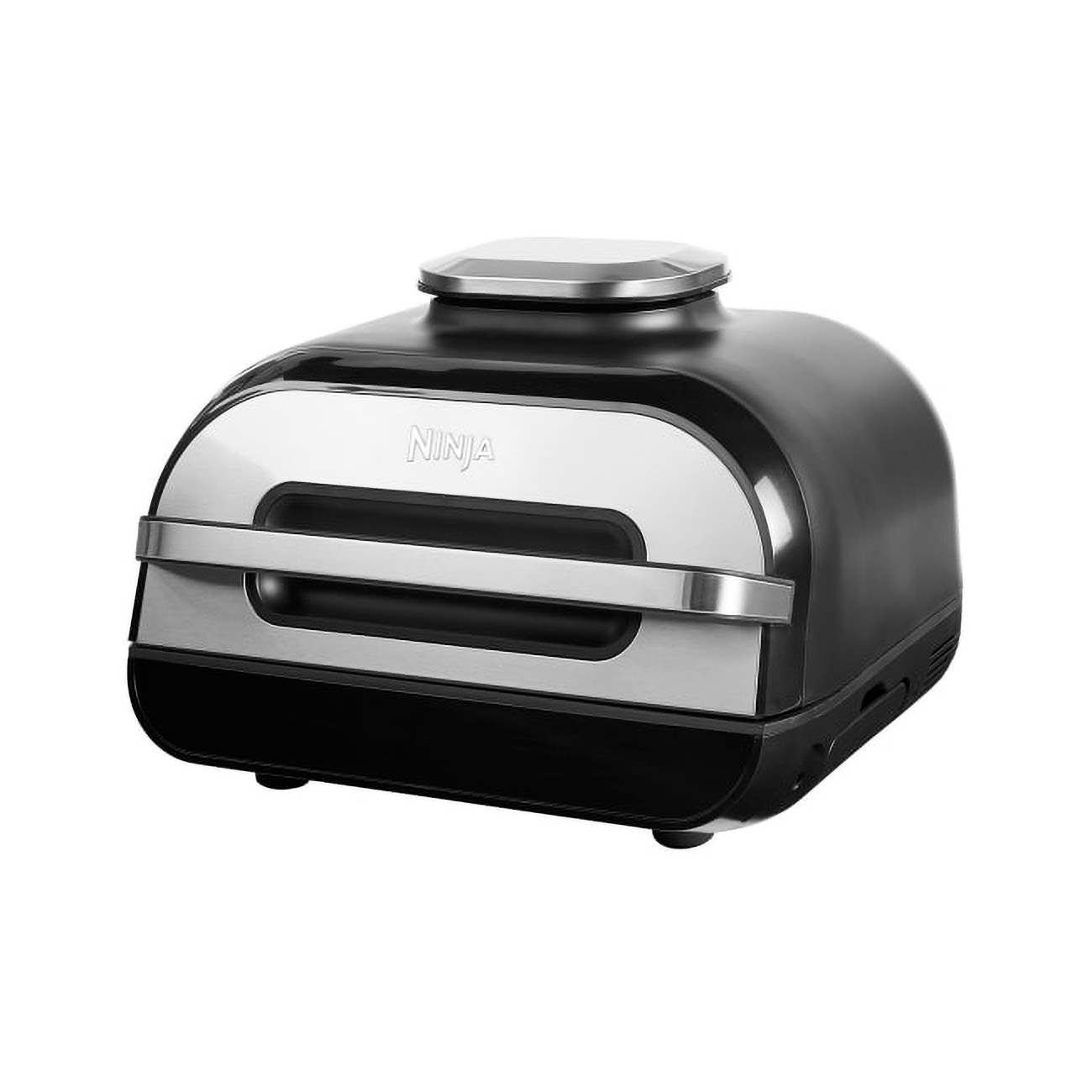 Czarny i srebrny grill Ninja. Ciemne urządzenie ze srebrnym uchwytem i górą.