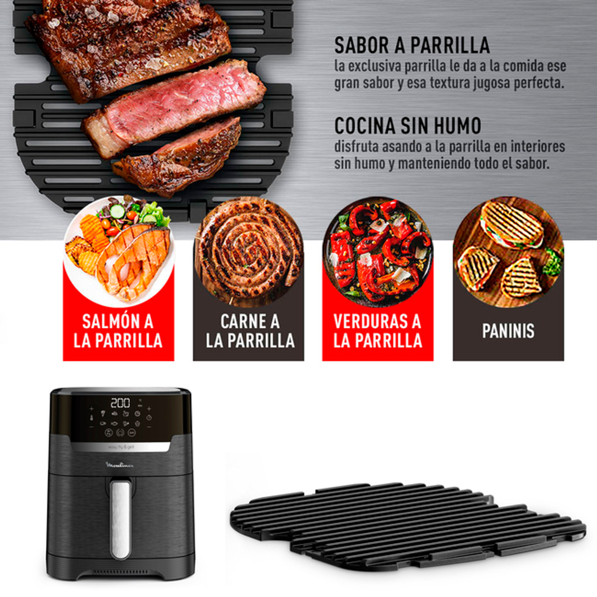 Czarna frytkownica powietrzna z grillowanymi potrawami, w tym stekiem, kiełbasą i warzywami.