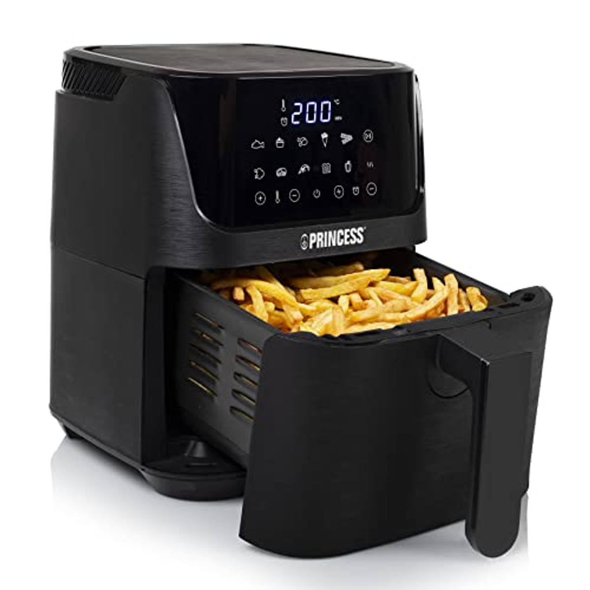Schwarze Heißluftfritteuse mit Pommes im Fach, Digitalanzeige und Markenname.