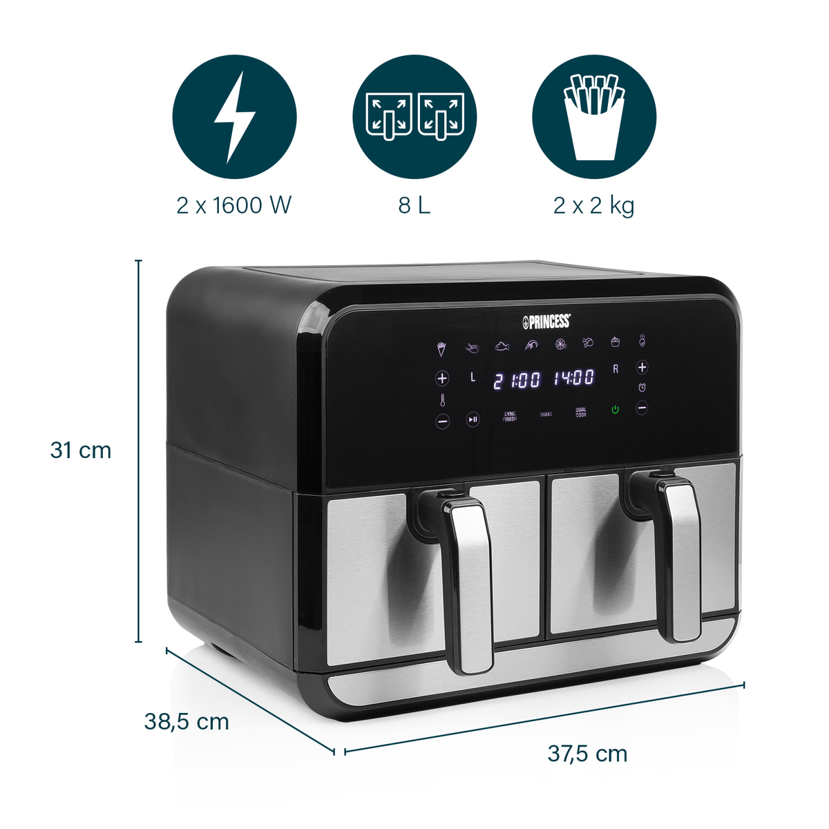 Czarno-srebrna frytownica beztłuszczowa z wymiarami i ikonami wskazującymi pojemność i moc, na białym tle.