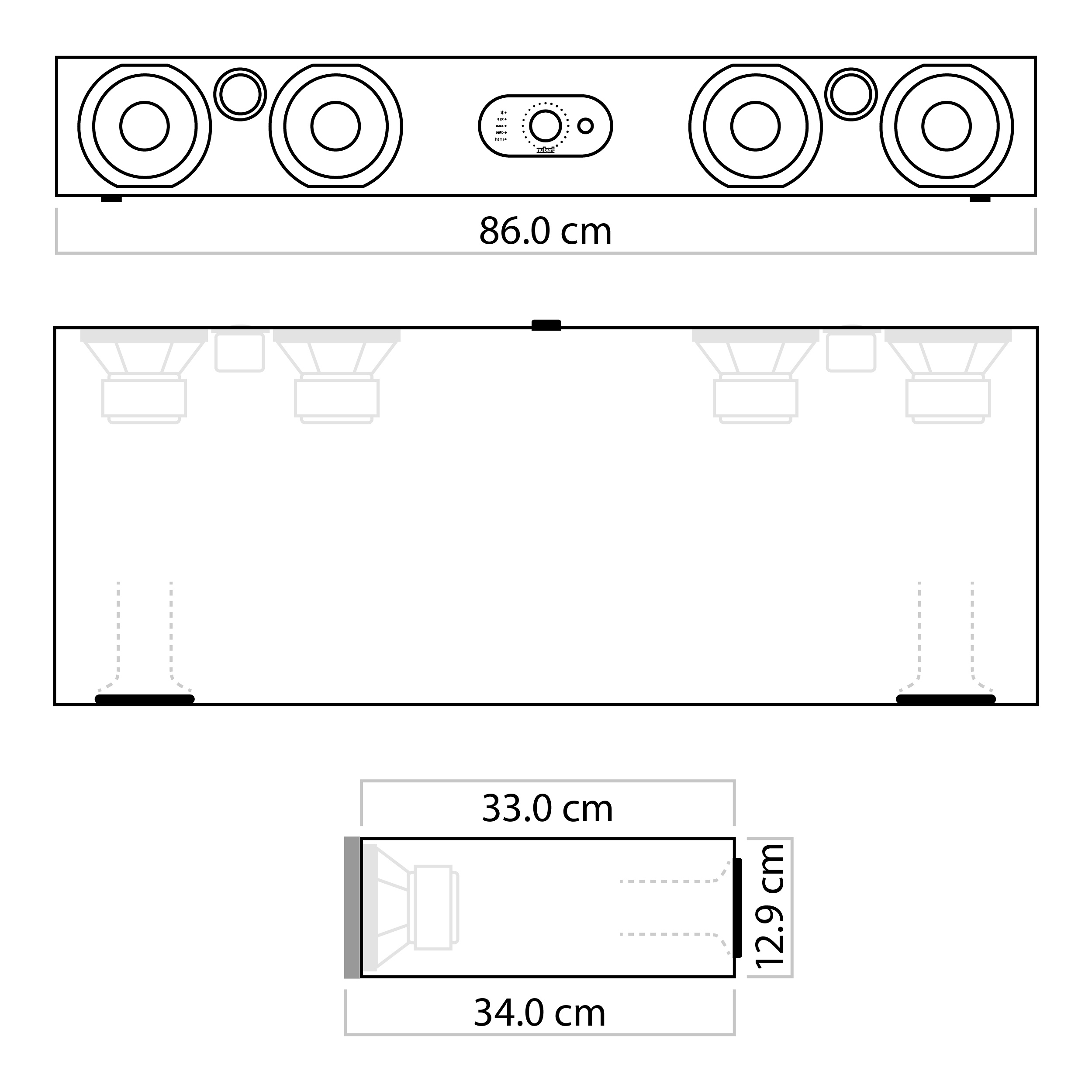 Ein Diagramm einer Soundbar, das Abmessungen und Lautsprecherpositionen für ein Produkt zeigt.