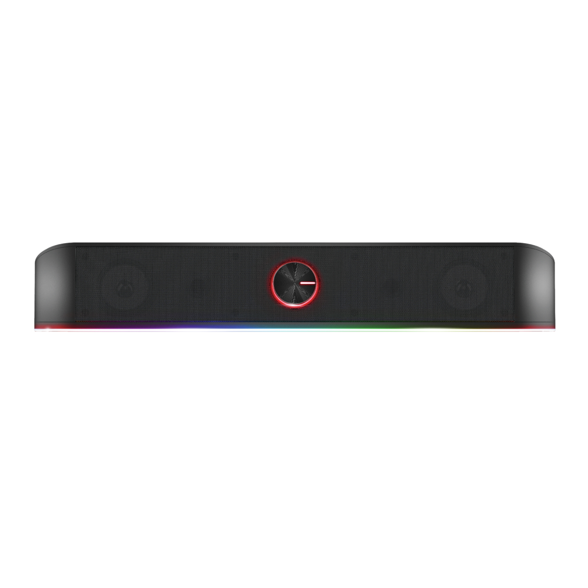 Una soundbar lunga e nera con una luce rossa al centro e luci RGB sottostanti.