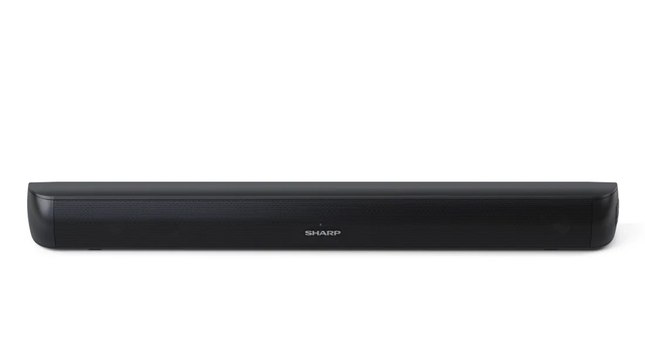 Eine schwarze Soundbar mit der Marke 'SHARP' wird auf weißem Hintergrund gezeigt.