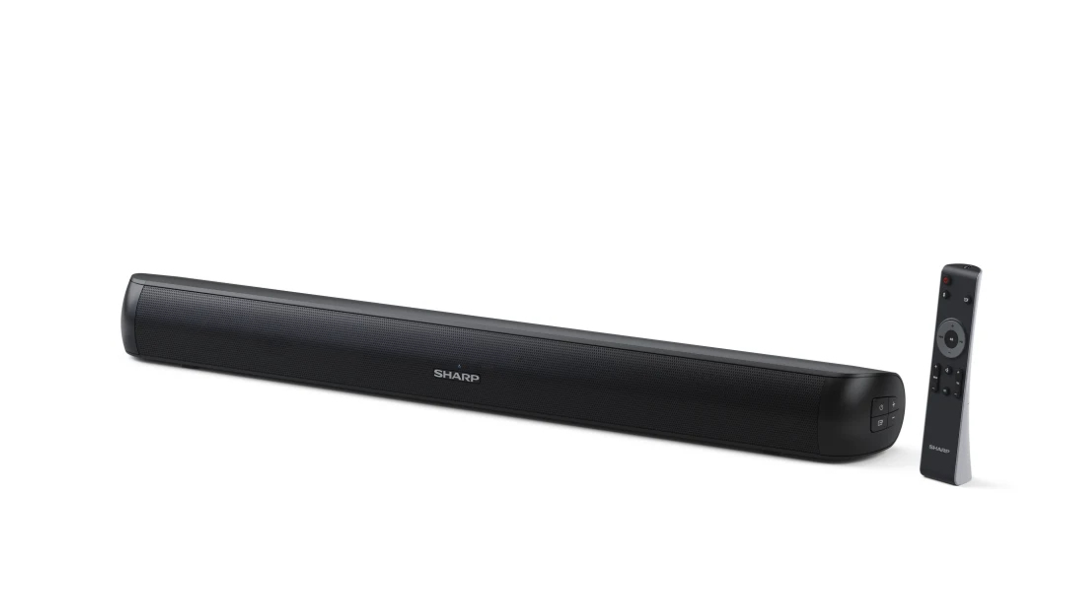 Eine schwarze Soundbar mit dem SHARP-Logo und einer Fernbedienung auf weißem Hintergrund.