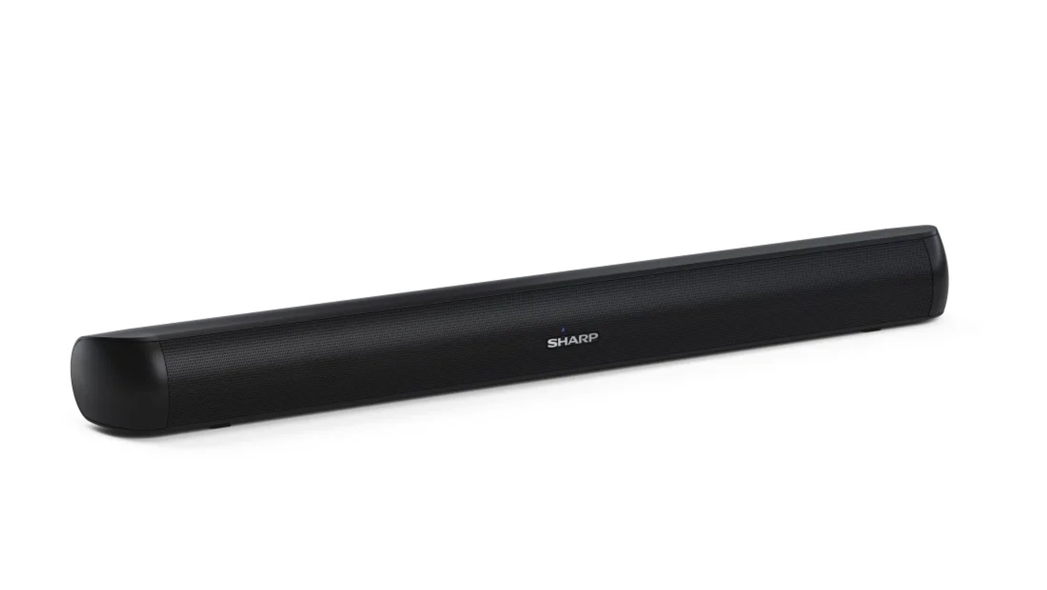 Schwarze Soundbar. Sharp-Logo in der Mitte. Lange, rechteckige Form. Weißer Hintergrund.