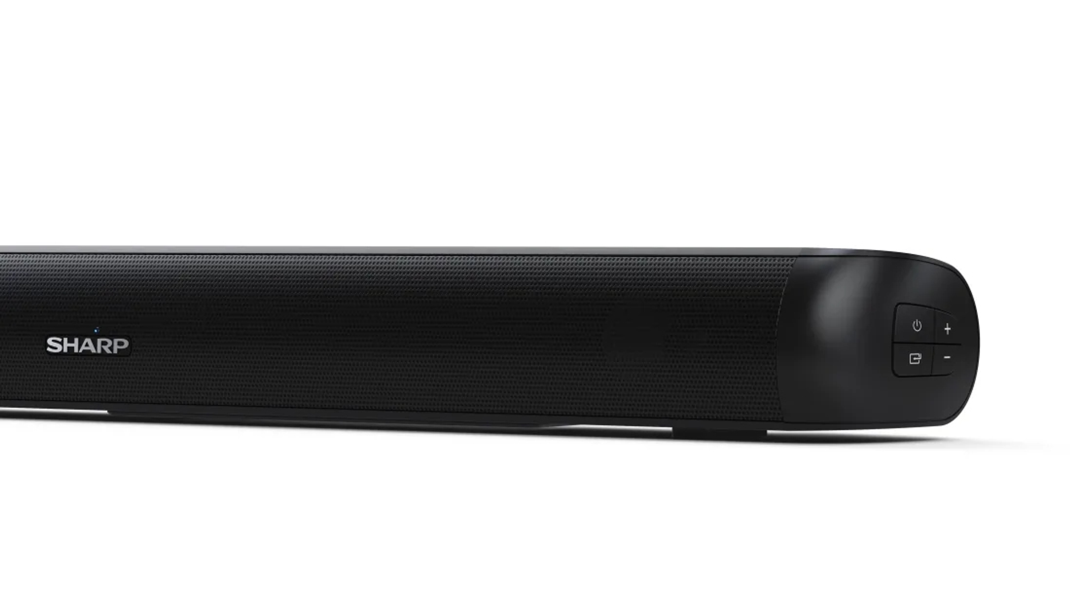 Eine schwarze Soundbar mit der Aufschrift SHARP. Das rechte Ende hat Ein- und Aus- sowie Lautstärketasten.