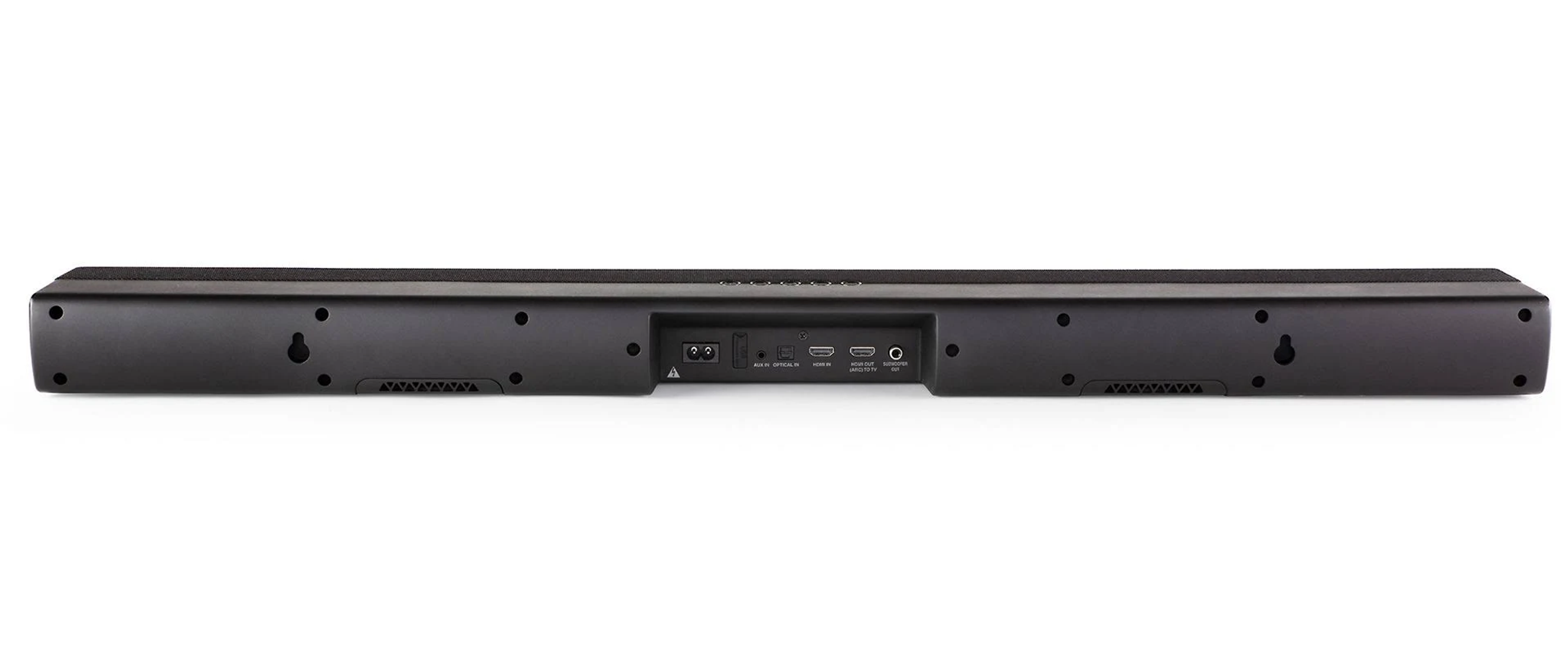 Die Rückseite einer schwarzen Soundbar mit Anschlussanschlüssen, vor weißem Hintergrund.