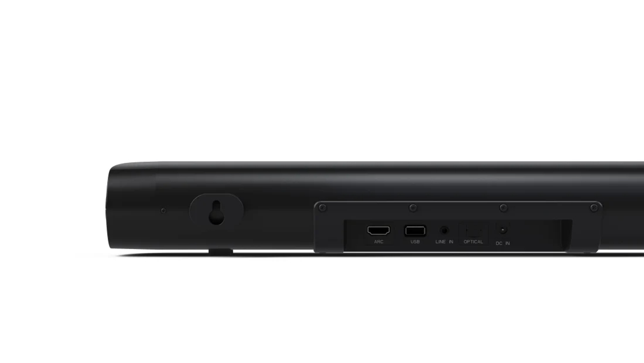 Rückseite einer schwarzen Soundbar mit ARC, USB, Line In, Optical und DC In Anschlüssen.