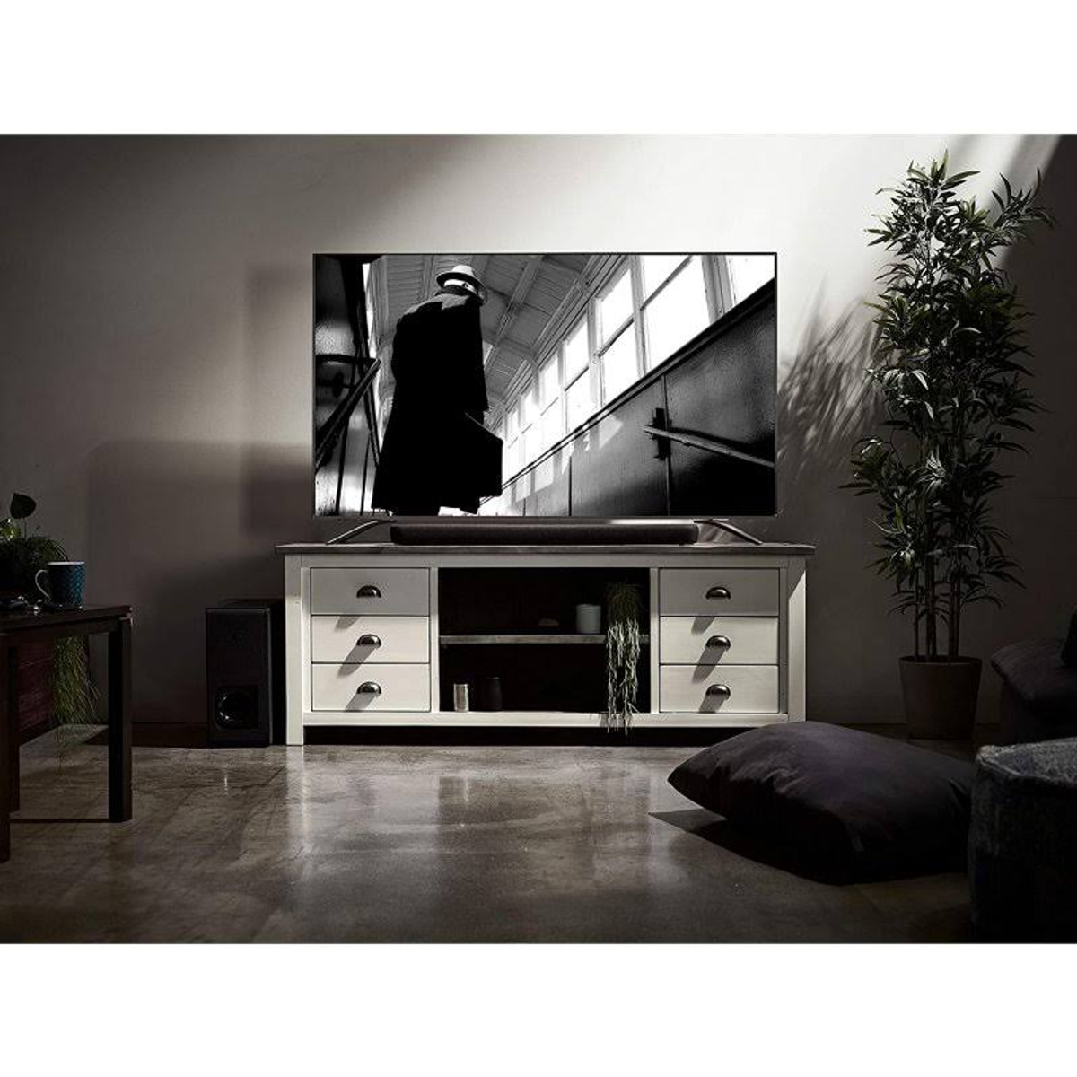 Téléviseur sur un meuble, montrant une scène en noir et blanc. Une plante et une table d'appoint sont présentes.