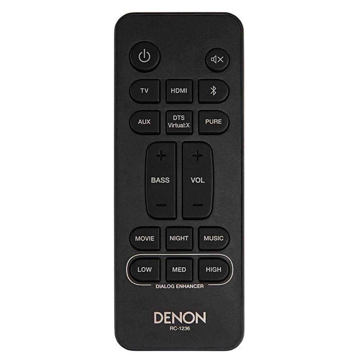 Schwarze Denon-Fernbedienung. Tasten für TV, HDMI, AUX und andere Medieneinstellungen.
