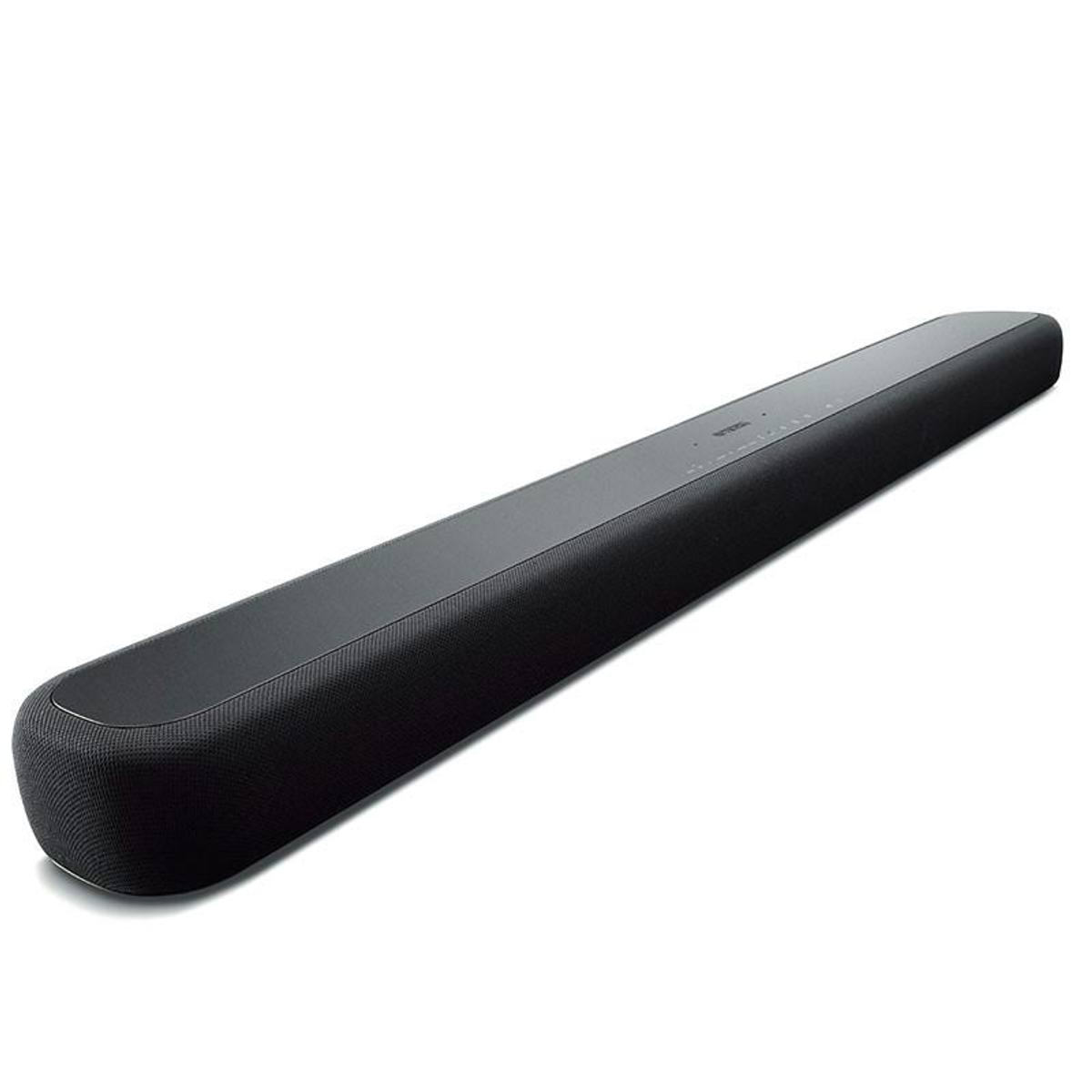 Une barre de son noire avec des extrémités arrondies, placée sur une surface blanche.
