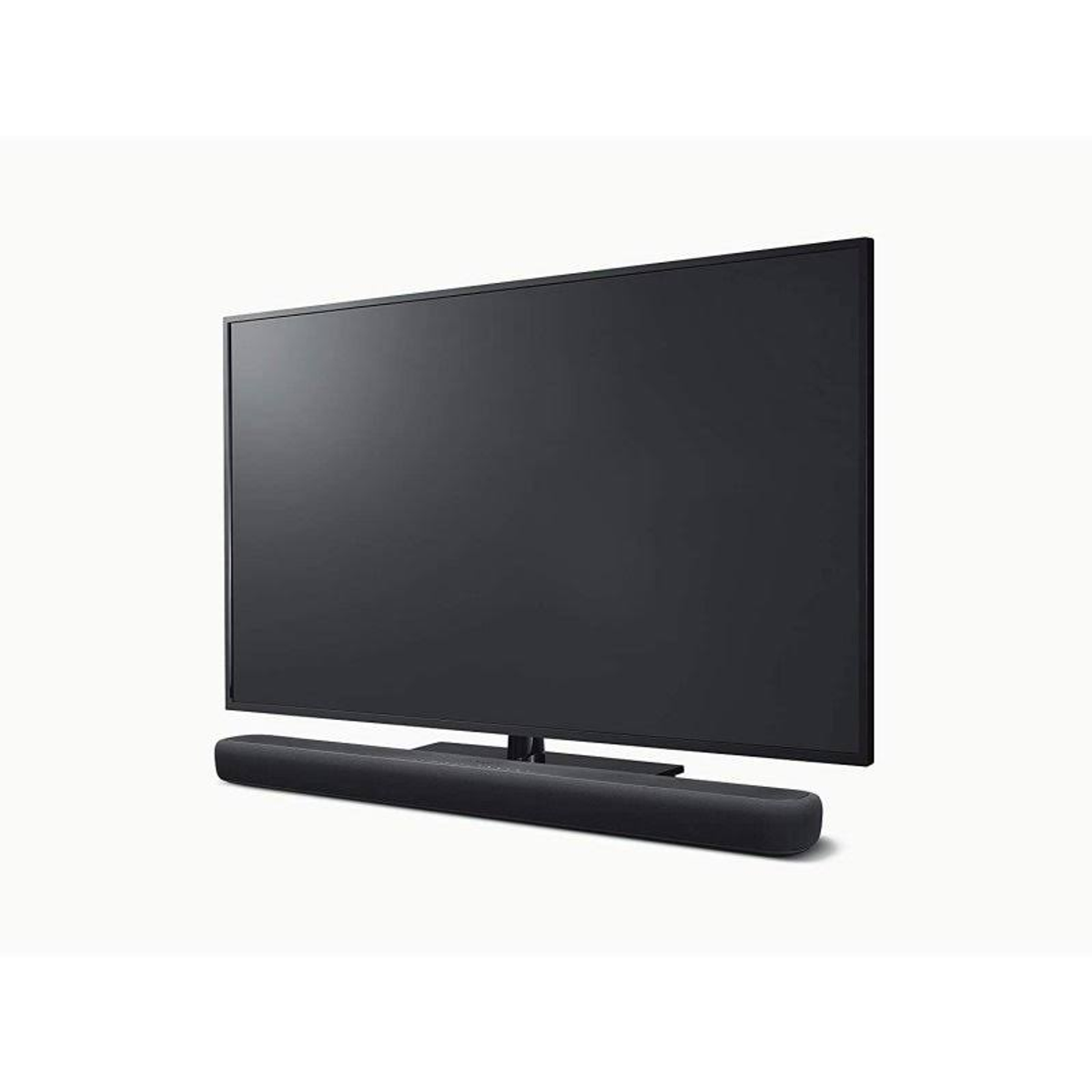 Télévision et barre de son sur fond blanc. Le téléviseur est noir et la barre de son gris foncé.