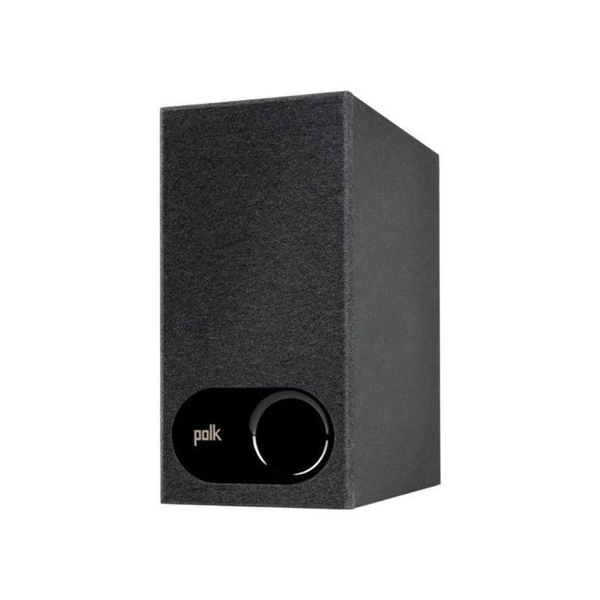Schwarzer Polk-Subwoofer. Die Vorderseite hat eine kreisförmige Öffnung, das Logo ist sichtbar.